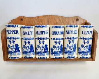 Vintage 40s 50s Japan Blue Willow Ceramic Spice Jar Shaker Set w Wooden Shelf - Wood Wall Hung Book Spices Rack Blue White Farmhouse Kitchen