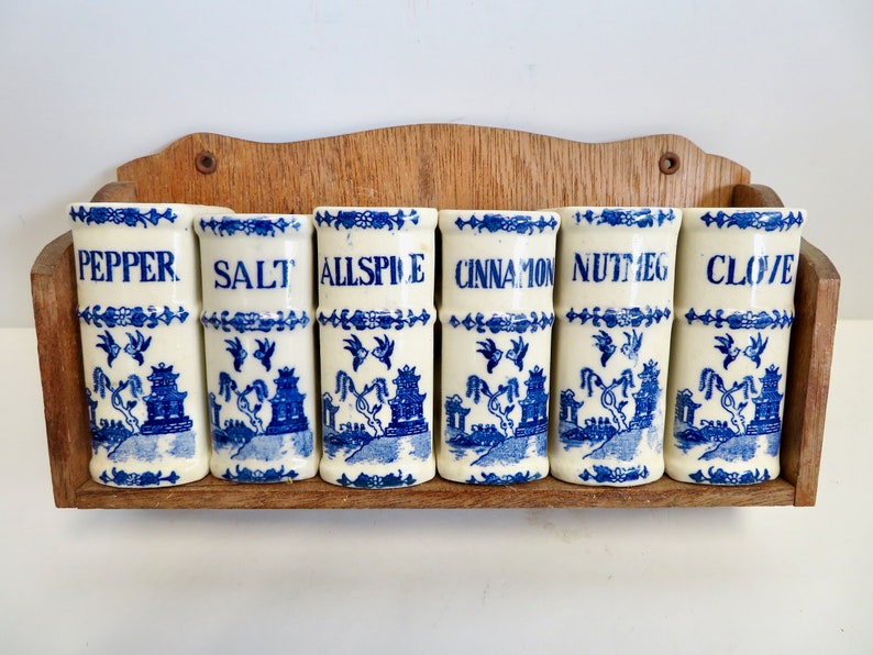 Vintage 40s 50s Japan Blue Willow Ceramic Spice Jar Shaker Set w Wooden Shelf Wood Wall Hung Book Spices Rack Blue White Farmhouse Kitchen image 1