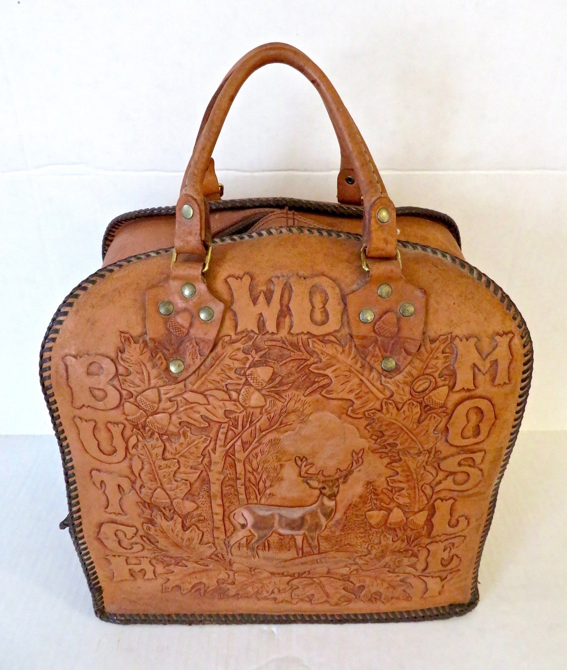 Vintage 50s 60s Handmade Hand Tooled Leather Bowling Ball Bag Etsy