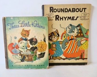 Vintage 30er-40er-Jahre-Set mit zwei illustrierten Kinderbilderbüchern zum Thema 2 Katzen und Kätzchen – Kreisverkehr-Reime und drei kleine Kätzchen, Little Golden
