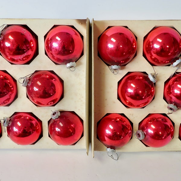 Vintage 60s 70s Lot of 8 XL Big Shiny Brite 3" Mercury Glass Ball Christmas Tree Ornaments - Solid Red with Original Cardboard Insert Box