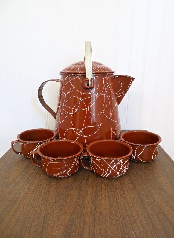 Enamel Percolator Coffee Pot & 4 Mug Set - White