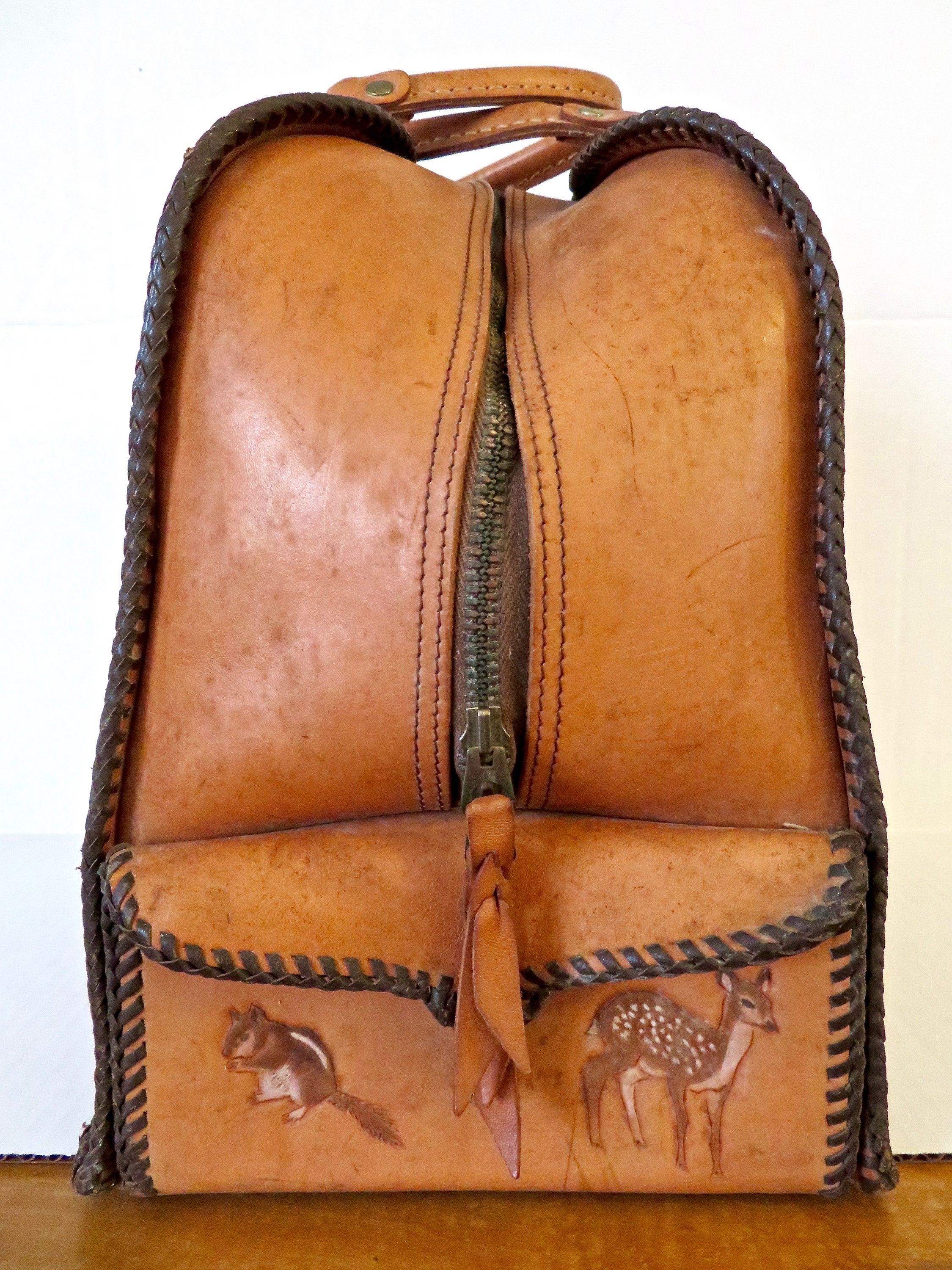 Vintage 50s 60s Handmade Hand Tooled Leather Bowling Ball Bag Etsy