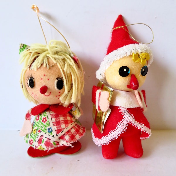 Vintage 60s Lot of 2 Christmas Tree Ornaments Made in Japan Decorations Velvet Paper Mod Elf Pixie Santa Claus Patchwork Girl Kitschy MCM