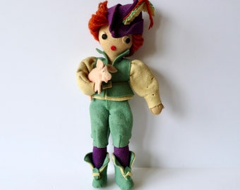 Vintage 40s 50s Marilu of Hollywood Original Felt Art Doll Robin Hood w Pig - Original Tag - Handmade Cloth OOAK - California Artist