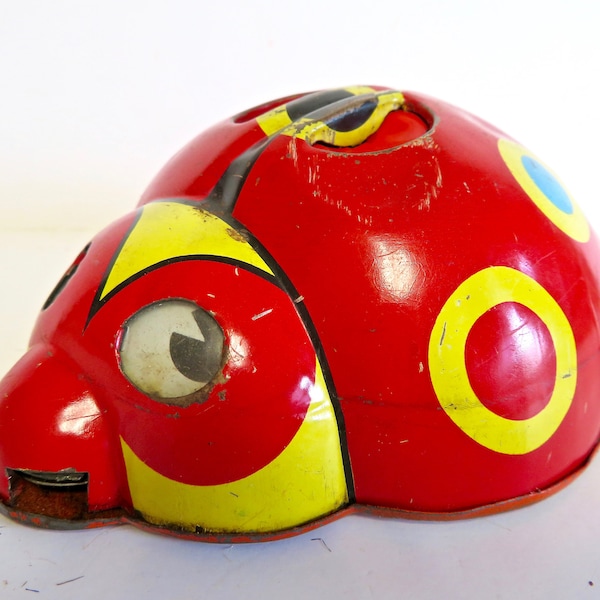 Vintage 1950s Mechanical Polka Dot Beetle Bug Tin Wind Up Toy Made in Japan Mid Century Litho Metal 50s Good Working Condition Ladybug