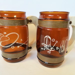 Vintage 50s 60s Pair Set of Siesta Ware Amber Western Cowboy Boot Mugs w Metal Band Real Wood Wooden Handle - Mid Century Kitchen Siestaware