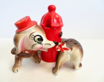 Vintage 50s 60s Hi Friend Dachshund Weiner Dog Table Condiment Set w Hydrant Mustard Jar Pot w Spoon and Salt & Pepper Shakers - Mid Century