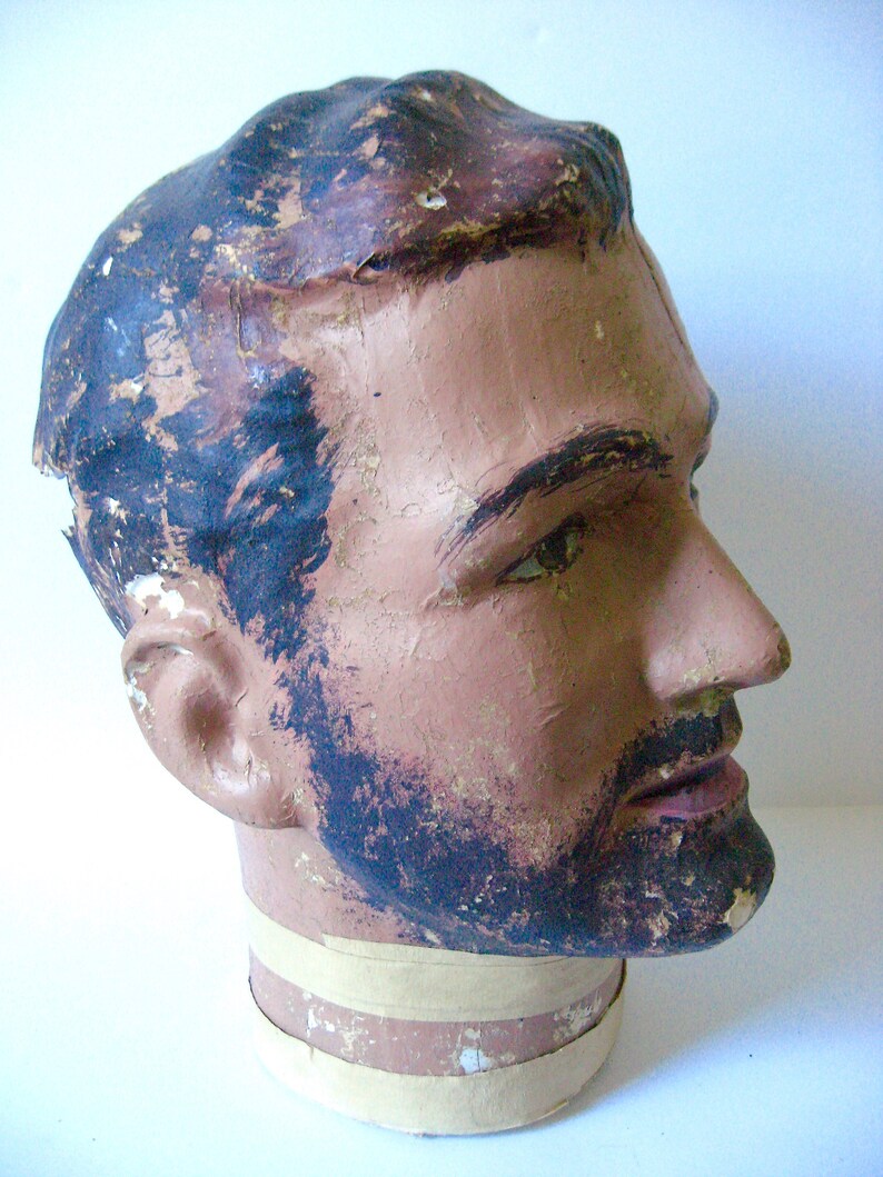 Vintage Plaster Mannequin Head Millinery Bust 1950s 50s Man Male Beard Dark Hair Hat Chapeau Display Mid Century Paper Mache Masculine