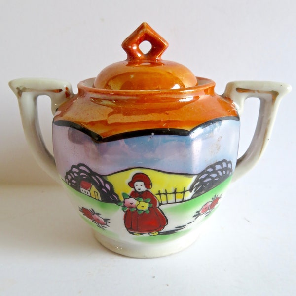 Vintage jaren '30 jaren '40 Japan Lustre Lustre Ware Keramiek China Childs Tea Set Sugar Bowl Alleen Little Red Riding Hood Nederlands Meisje Village Floral