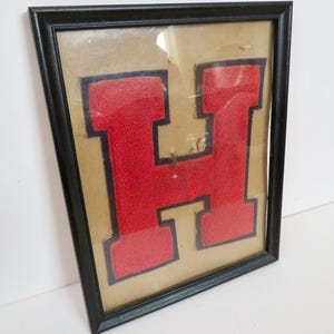 Vintage Red Chenille Varsity Letter H Patch Framed Art – 1950s College Jacket Decor