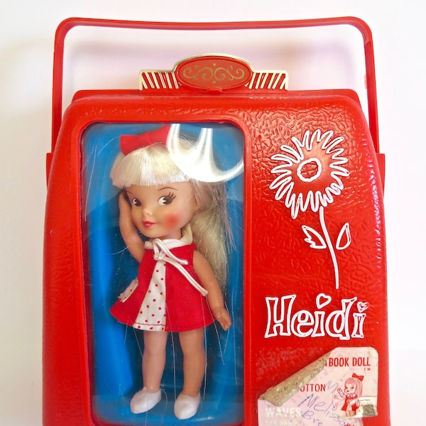 Vintage 60s 1960s Mod Remco Heidi Pocketbook Doll with Red Plastic Purse Carrier, Long Blonde Hair, Groovy, Original Plastic Case