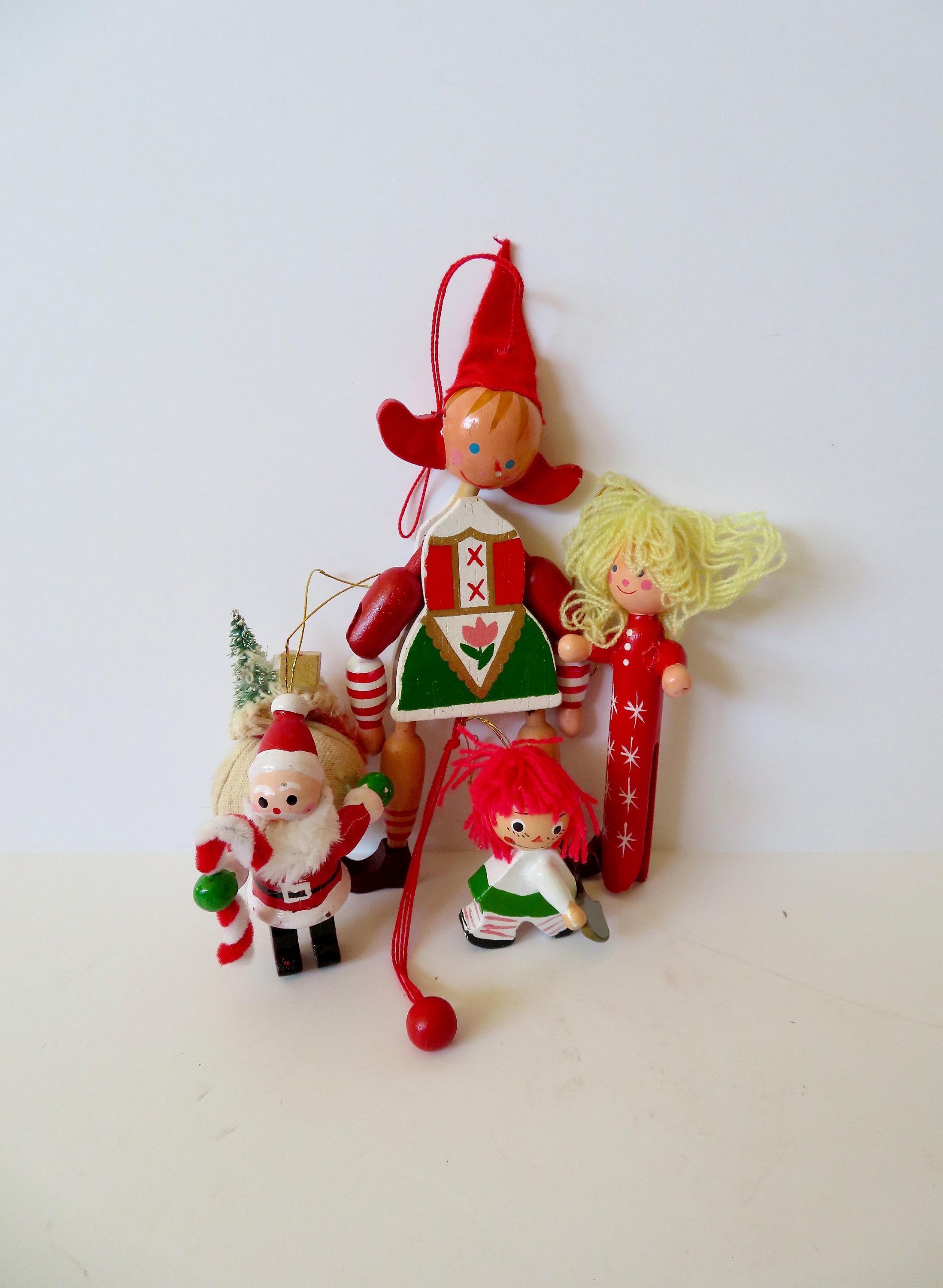 Vintage Wooden Christmas Ornaments, Jumping Jack Elf, Santa
