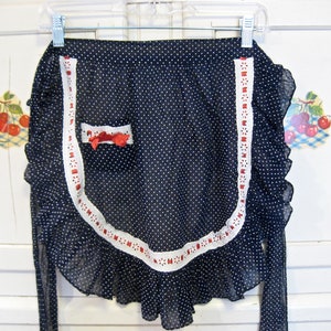 Vintage 1940s 1950s Navy Blue & White Dotted Swiss Half Apron White Eyelet Red Ribbon Trim 40s 50s Rockabilly Hostess Sheer Swiss Dots