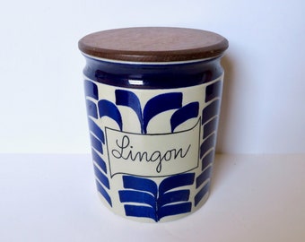 Vintage 1960s 60s Rörstrand Rorstrand Sweden Ceramic Stoneware Lingon Lingonberry Kitchen Canister Jar w Lid Blue Swedish Mother's Best Jam