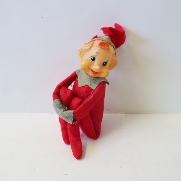 Vintage AS IS 1960s 60s Japan 10" Plastic Face on the Pixie Knee Hugger Elf Elves Christmas Shelf Sitter Red Felt Decoration Doll MCM Retro