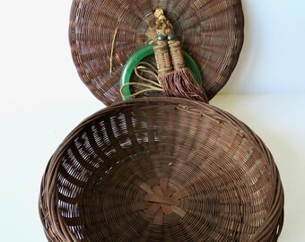 Vintage Antique Chinese Woven Wicker Sewing Box Basket With