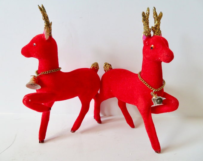 Vintage 50s 60s AS IS Pair of Red Velveteen Flocked Reindeer Christmas