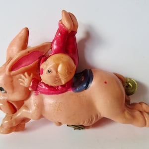 Vintage Antique 20s 30s Celluloid Viscoloid Plastic Putz Small Baby Child Riding Mule Donkey Toy Miniature Decoration Figurine Animal w Bell
