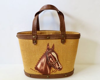 Sac à main en toile de jute tissée vintage des années 70 des années 70 avec appliqué tête de cheval en tissu 3D - Design kitsch de cow-girl occidentale - intérieur avec cordon de serrage