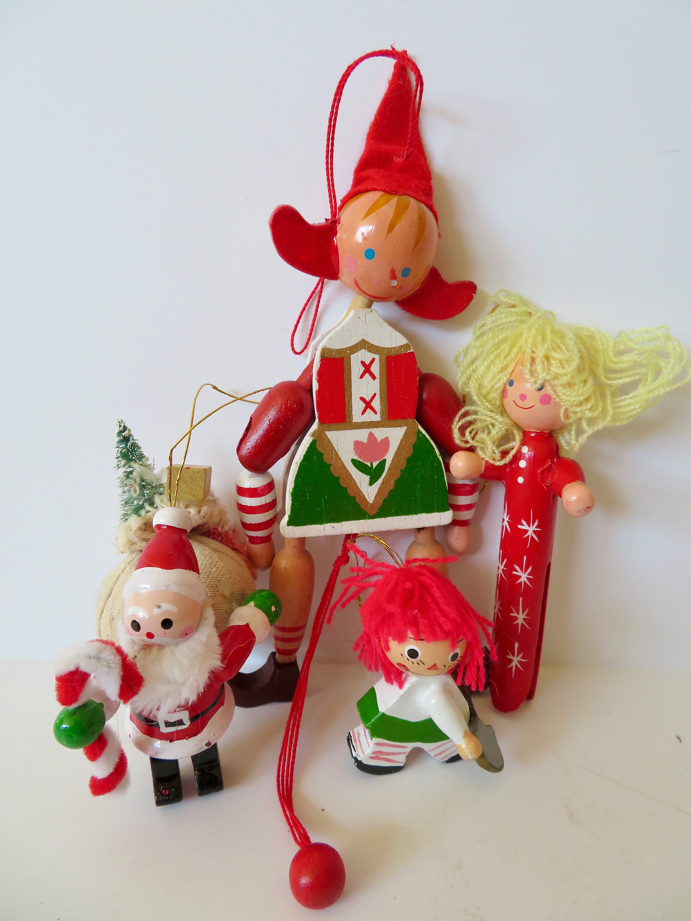 Vintage Wooden Christmas Ornaments, Jumping Jack Elf, Santa