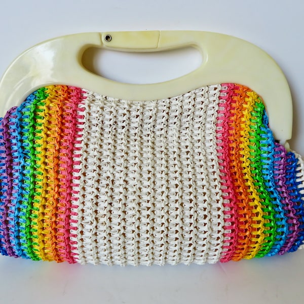 Vintage 80s 1980s Holiday Fair Rainbow Striped Crochet Purse Handbag - Plastic Clutch Frame - Shoulder Bag Strap - Pride Striped Crocheted