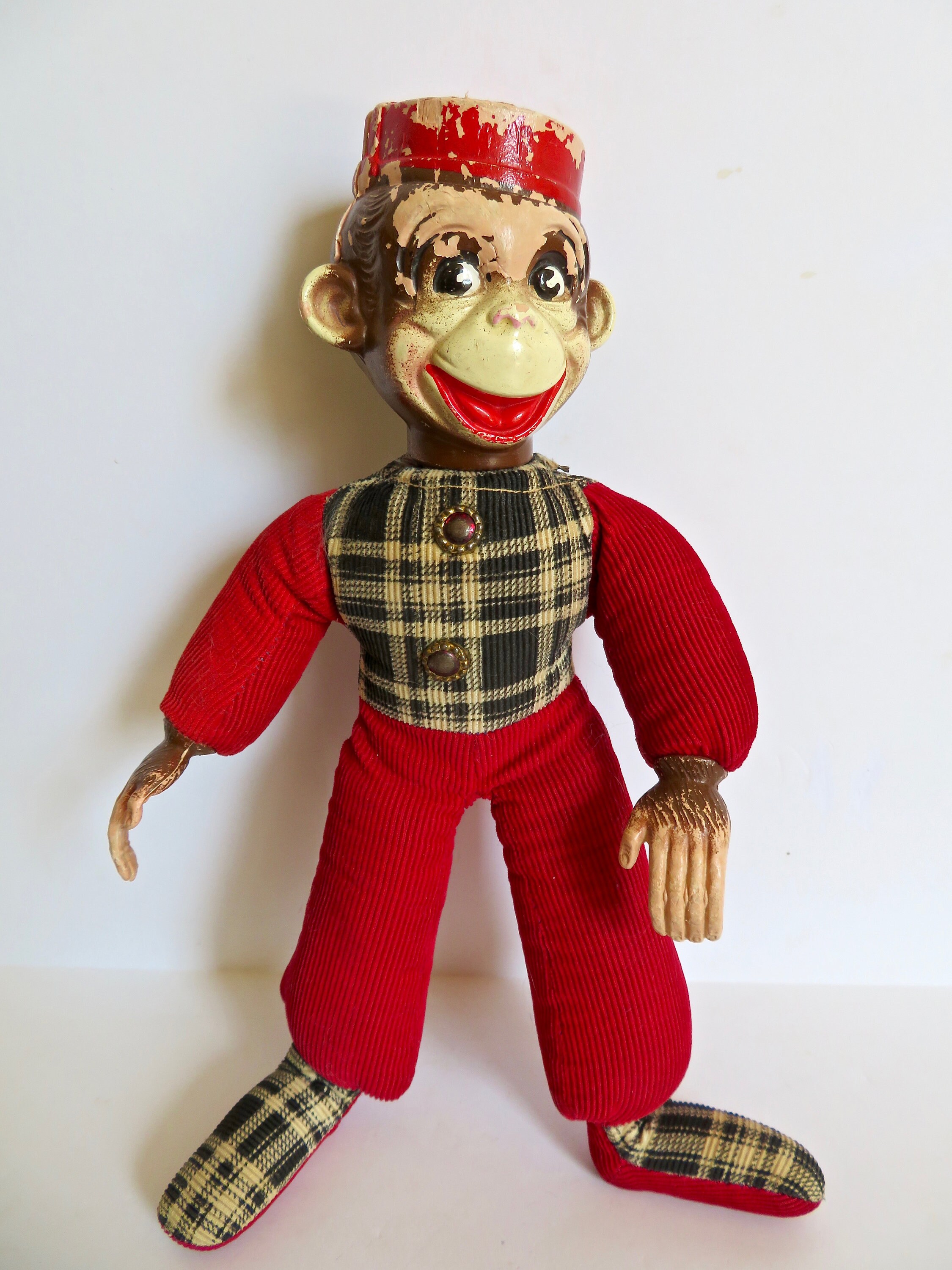 Vintage 30s 40s Bellhop Monkey Toy in Corduroy with Celluloid Plastic Face Soft Body Vintage Buttons Organ Grinder Stuffed Animal Plush