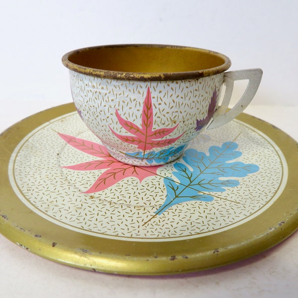 Vintage 50s 60s Ohio Art tin Metal Teacup and Saucer Set - Mid Century Toy Tea Set - Pink Aqua Leaf Design - Tea Cup MCM Leaves Pretend Play