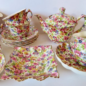 Vintage 40s 50s James Kent Fenton DuBarry Made in England Chintz Floral Du Barry China Dishes Teapot Serving Plates Teacups Bowls Creamer