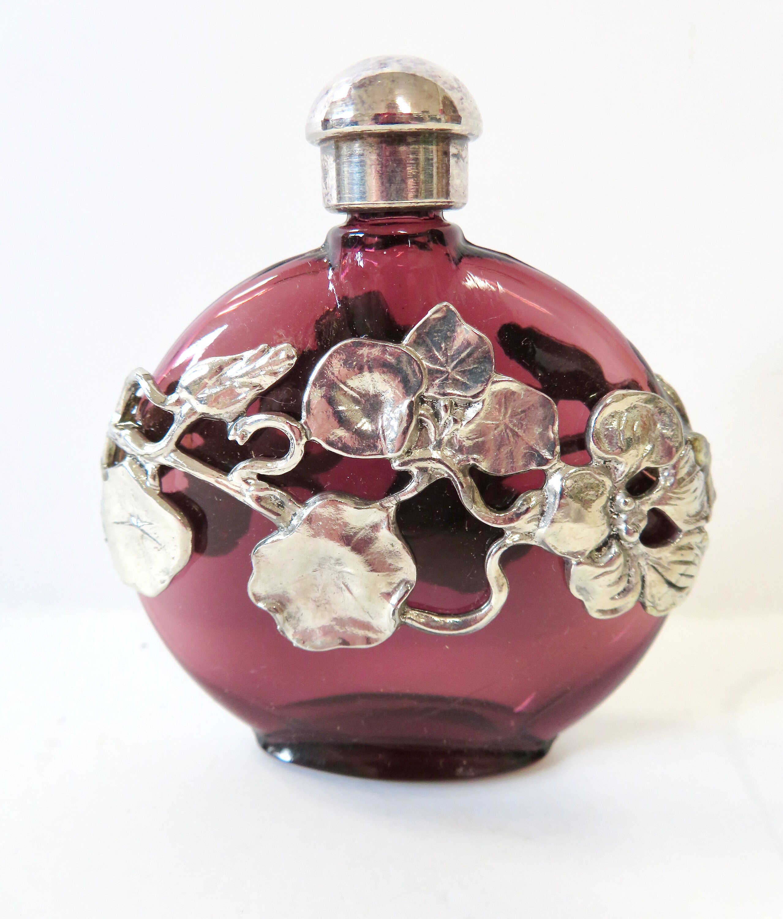 Vintage Amethyst Purple Glass Perfume Bottle w Art Nouveau