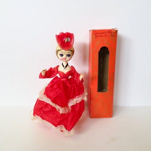 Vintage 70s 1970s Bradley Style Made in Korea Big Eye Pose Doll - Red Hoop Skirt and Hat - On Stand - Poppet Mod Retro Decoration Decor 70s