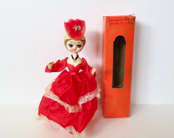 Vintage 70s 1970s Bradley Style Made in Korea Big Eye Pose Doll - Red Hoop Skirt and Hat - On Stand - Poppet Mod Retro Decoration Decor 70s