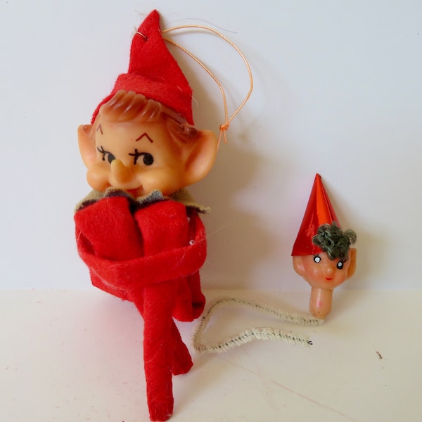 Vintage 1960s 60s Japan 4" Plastic Face on the Pixie Knee Hugger Elf Christmas Shelf Sitter w Elf Chenille Pipe Cleaner Pick Decoration MCM