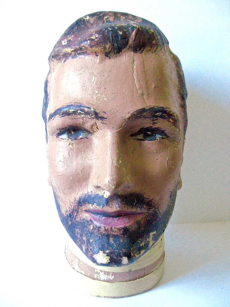 Vintage Plaster Mannequin Head Millinery Bust 1950s 50s Man Male Beard Dark Hair Hat Chapeau Display Mid Century Paper Mache Masculine