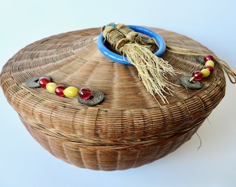 Vintage Antique Chinese Woven Wicker Sewing Box Basket with Beaded Lid - Glass Handle - Large Boho Round Oval Craft Knitting Jewelry Storage