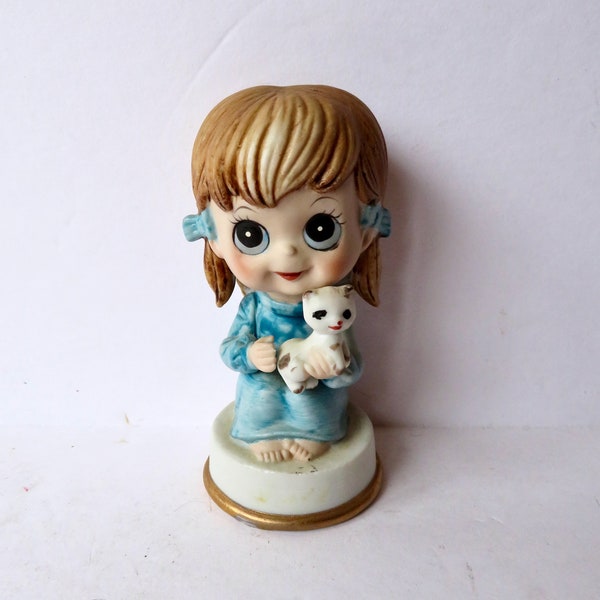 Vintage 60s 1960s Norleans Taiwan Ceramic China Porcelain Big Eyes Little Girl Angel Figurine with Bare Feet and Kitten - Large Eyed - Cat