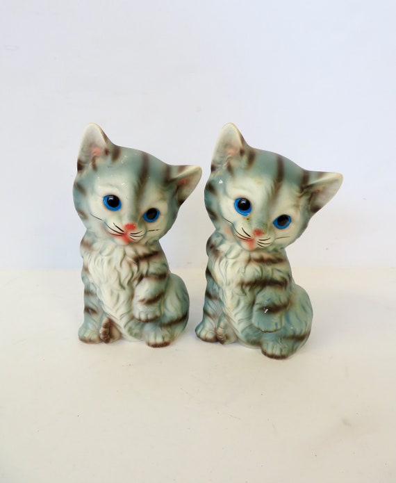 Vintage 50s 60s Pair of Kitschy Blue Ceramic Kitten Cat Vintage 50s 60s Pair of Kitschy Blue Ceramic Kitten Cat