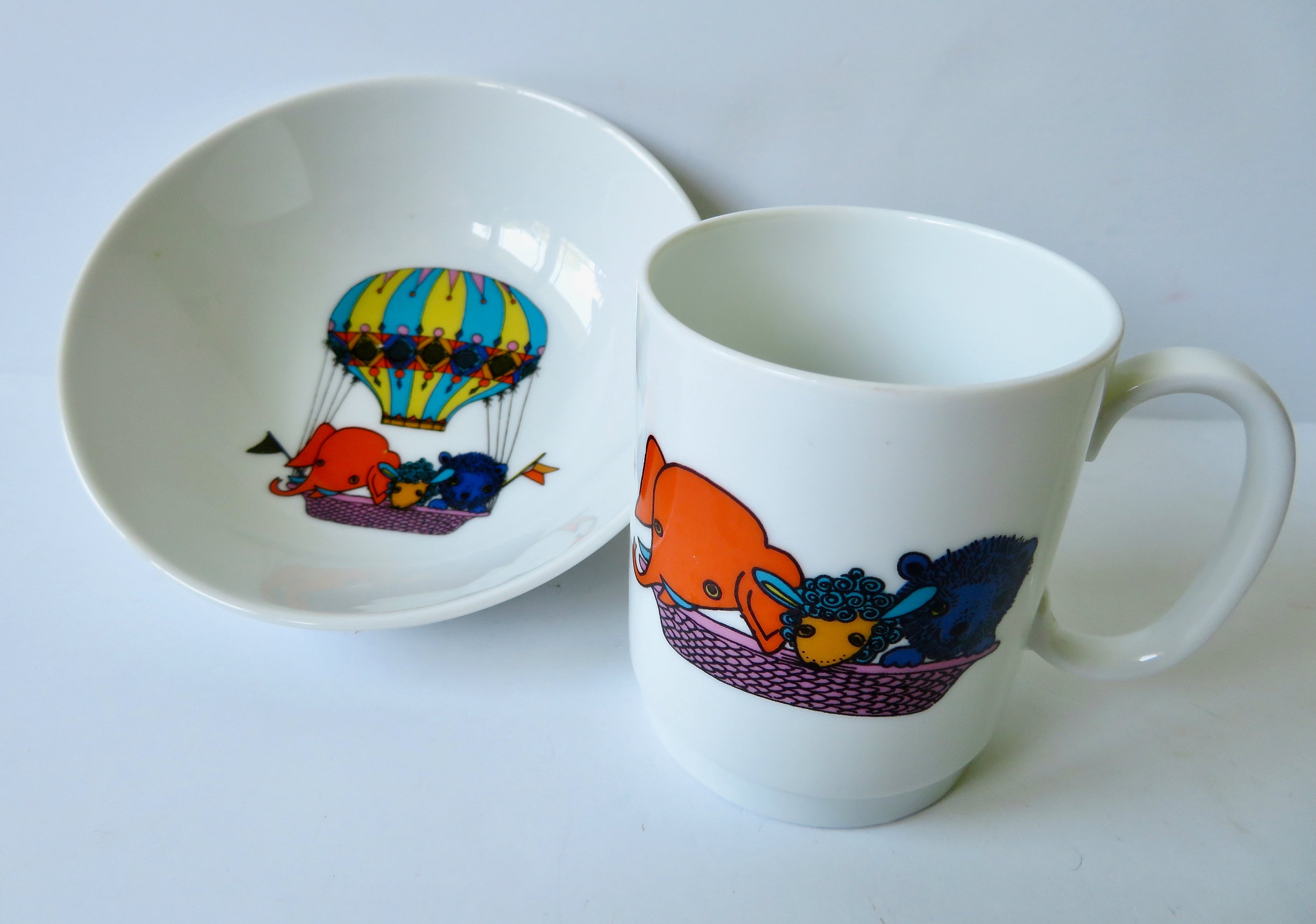 Vintage 70s 80s Kaiser Made in West Germany Juvenile 2 pc Ceramic Porcelain Child's Dish Set Hot Air Balloon Animals Baby Bowl Handled Cup