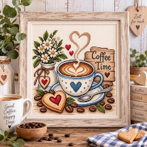 Kaffee Kreuzstichvorlage mit Kaffeetasse und Herz, 150 x 150 Stiche | PDF