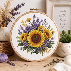 Sunflower Lavender Cross Stitch Pattern PDF | 150x150 Stitches | 30 DMC Colors | Aida 14ct, 16ct | Floral Embroidery Pattern