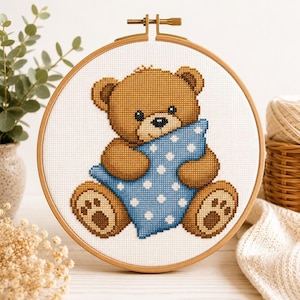 Cross Stitch Pattern Teddy Bear with Pillow | Kreuzstich Vorlage PDF | DMC Colors | Aida 14/16 ct | Easy Beginner 150x150 Stiches