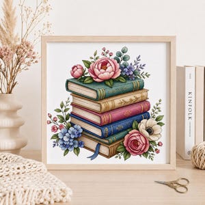 Cross Stitch Pattern Books and Flowers – Floral Book Stack PDF Pattern – 150x150 Stitches – 25 DMC Colors – Digital Download