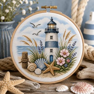 Könnte beinhalten: Ein runder hölzerner Stickrahmen mit einem Kreuzstichmotiv eines Leuchtturms an einem Sandstrand. Das Bild zeigt einen blau-weißen Leuchtturm, einen Seestern, Muscheln, hohes Gras, Lavendel und rosa Blumen sowie zwei Vögel am blauen Himmel.