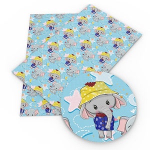 Elephant with Bucket Hat PVC Faux Leather Fabric Sheet - 20cm x 33cm