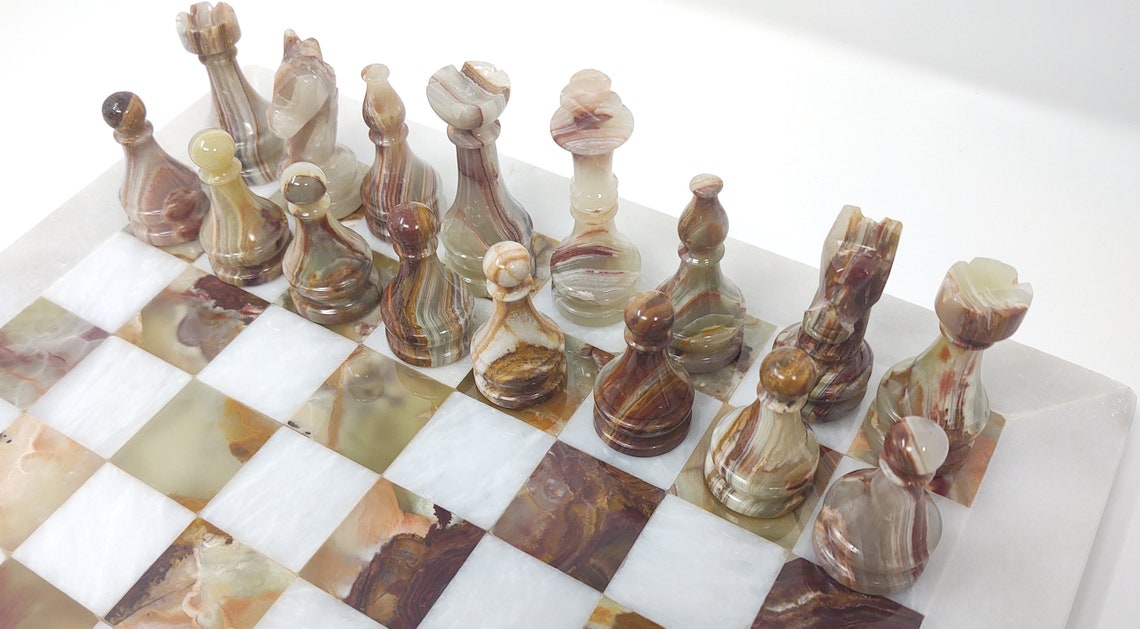 Marble Island Unique Marble Chess Set in Green & White Onyx