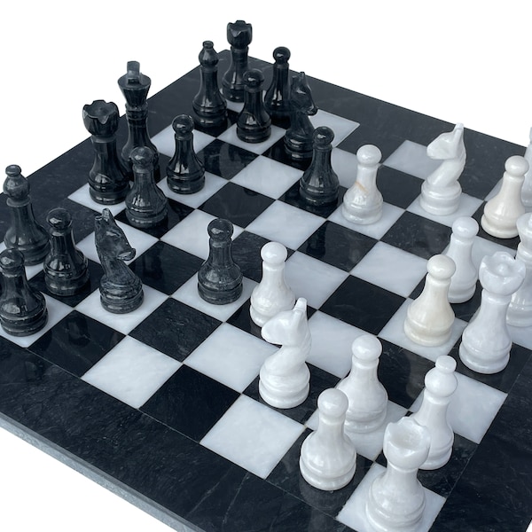 Handmade Black and White Marble Chess Game Set – 15 inch