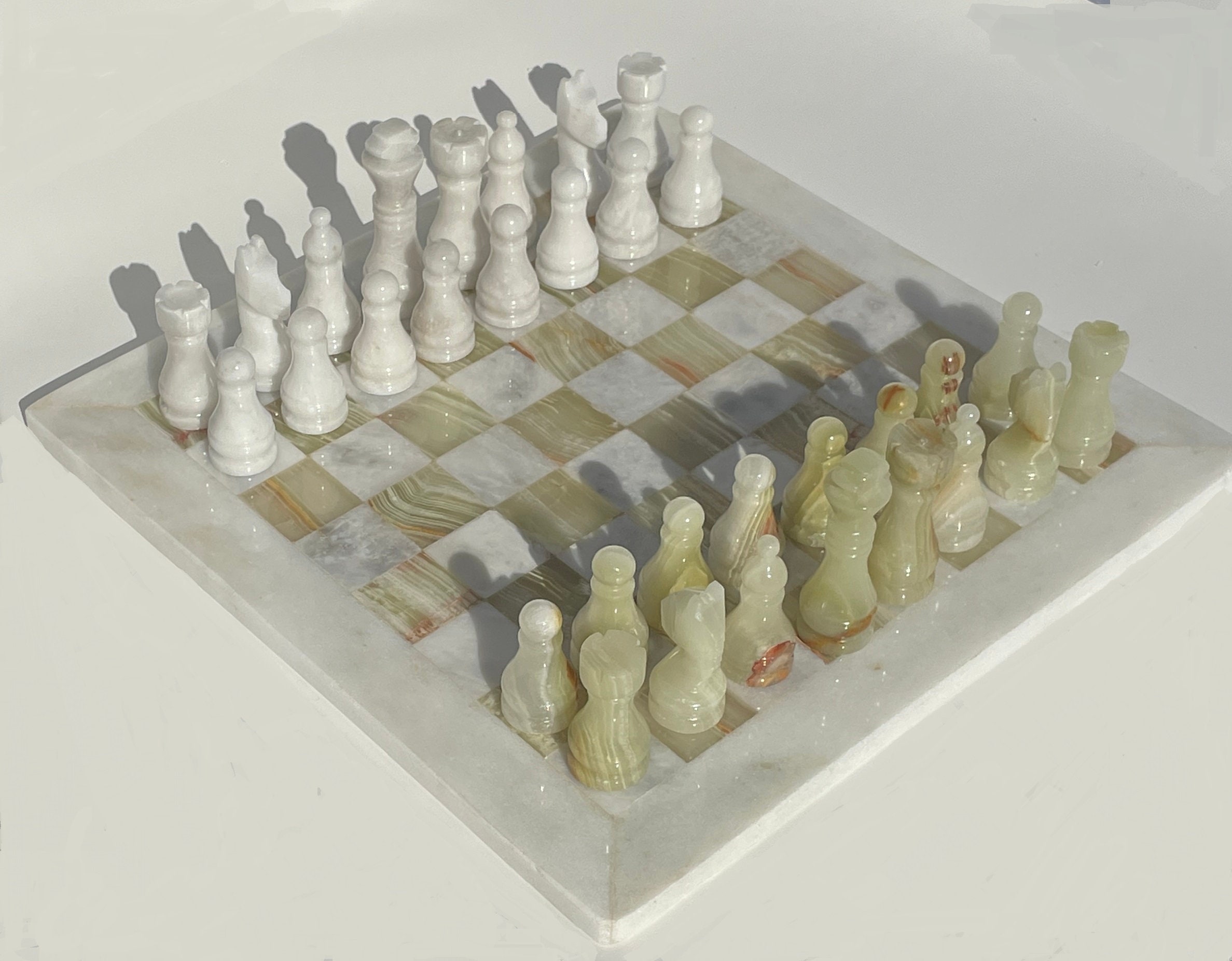 15 Inches Vintage Marble Chess Set - Multi-Green and White Onyx with Storage