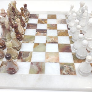 Handmade White and Green Onyx Marble Chess Game Set – Handcrafted 12 inches Staunton Marble Chess Game Set