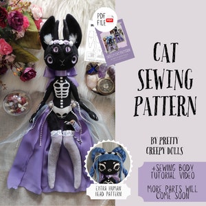 ゴシック猫のぬいぐるみの縫製パターン - Pretty Creepy DollsによるPDFデジタルDIY