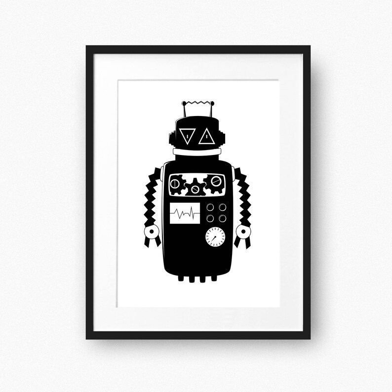 Robot Print Black and White Nursery Wall Art Monochrome Baby Etsy